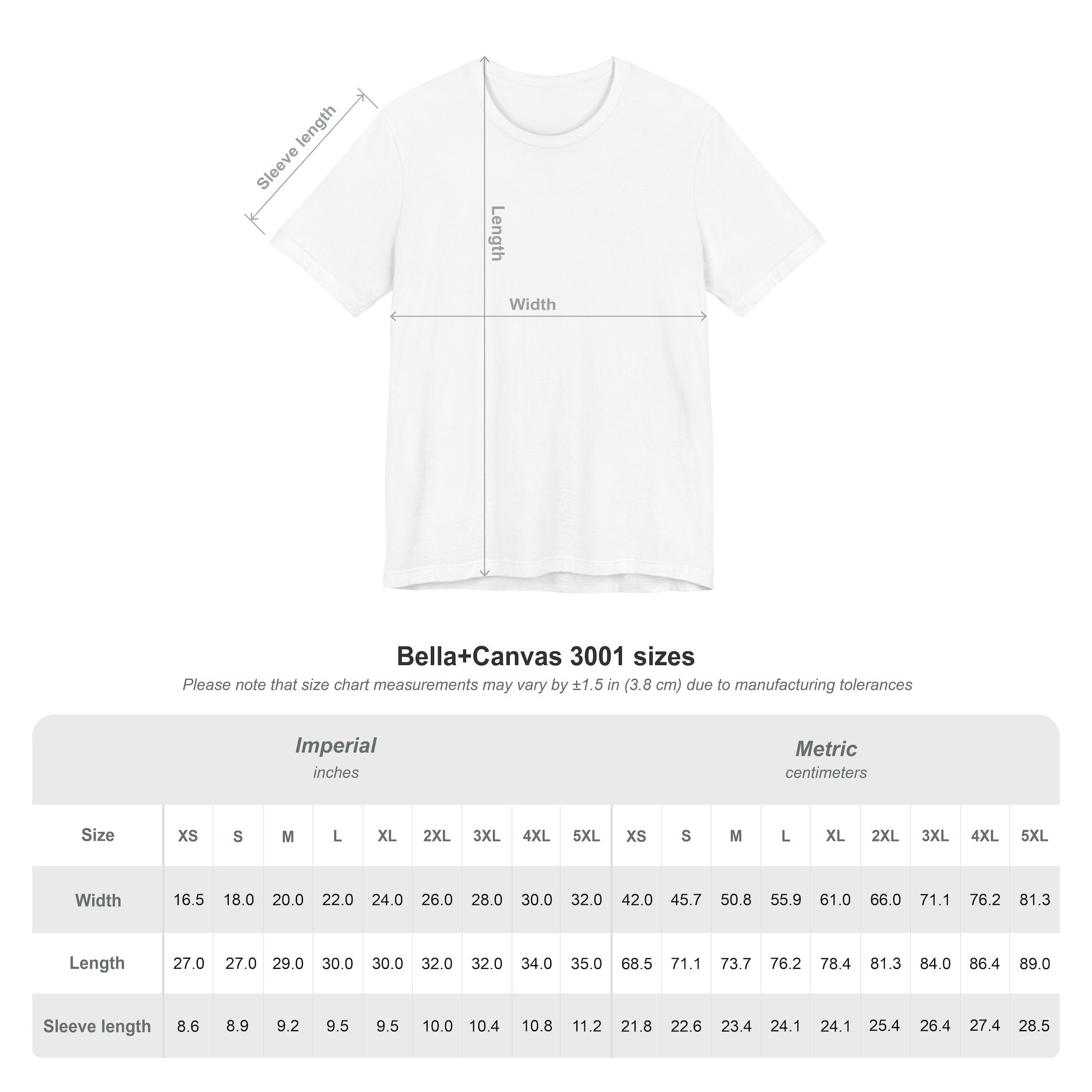 Bella+Canvas 3001 size chart showing width, length and sleeve measurements for XS through 5XL